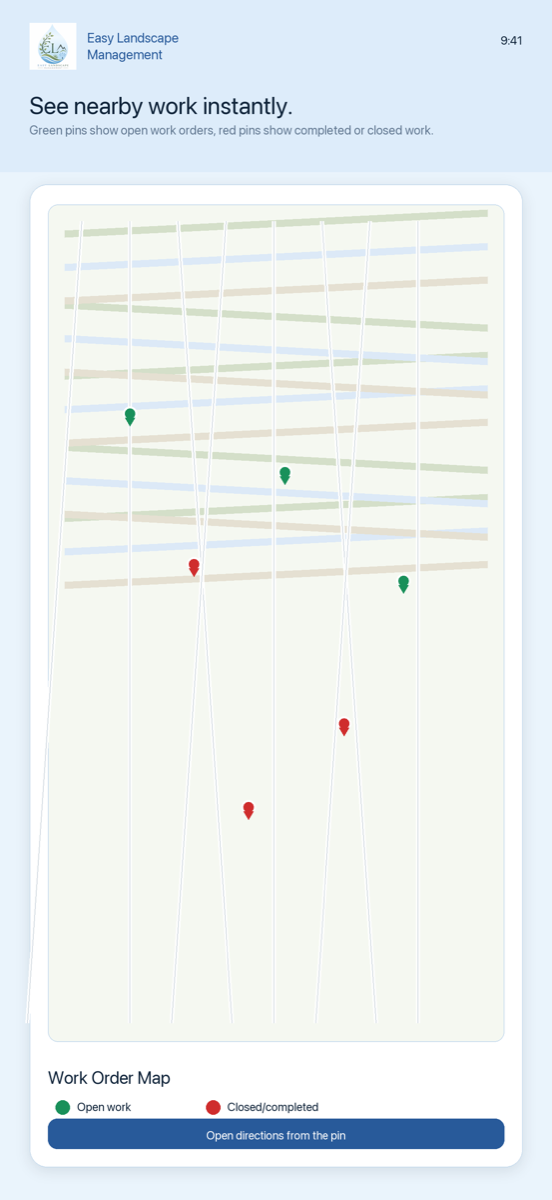 Easy Landscape Management map screen with nearby open work