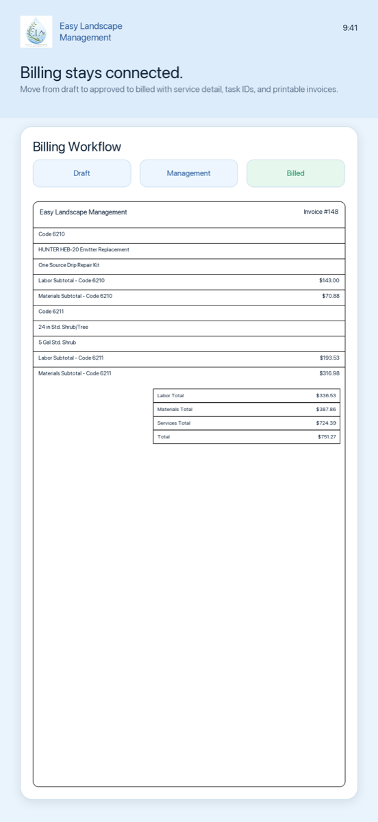 Easy Landscape Management billing draft review screen