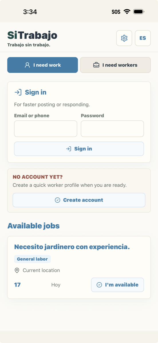 SiTrabajo home screen with nearby jobs